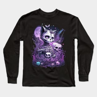 Pastel Goth Cat. Cute witchy goth cat and skulls Long Sleeve T-Shirt